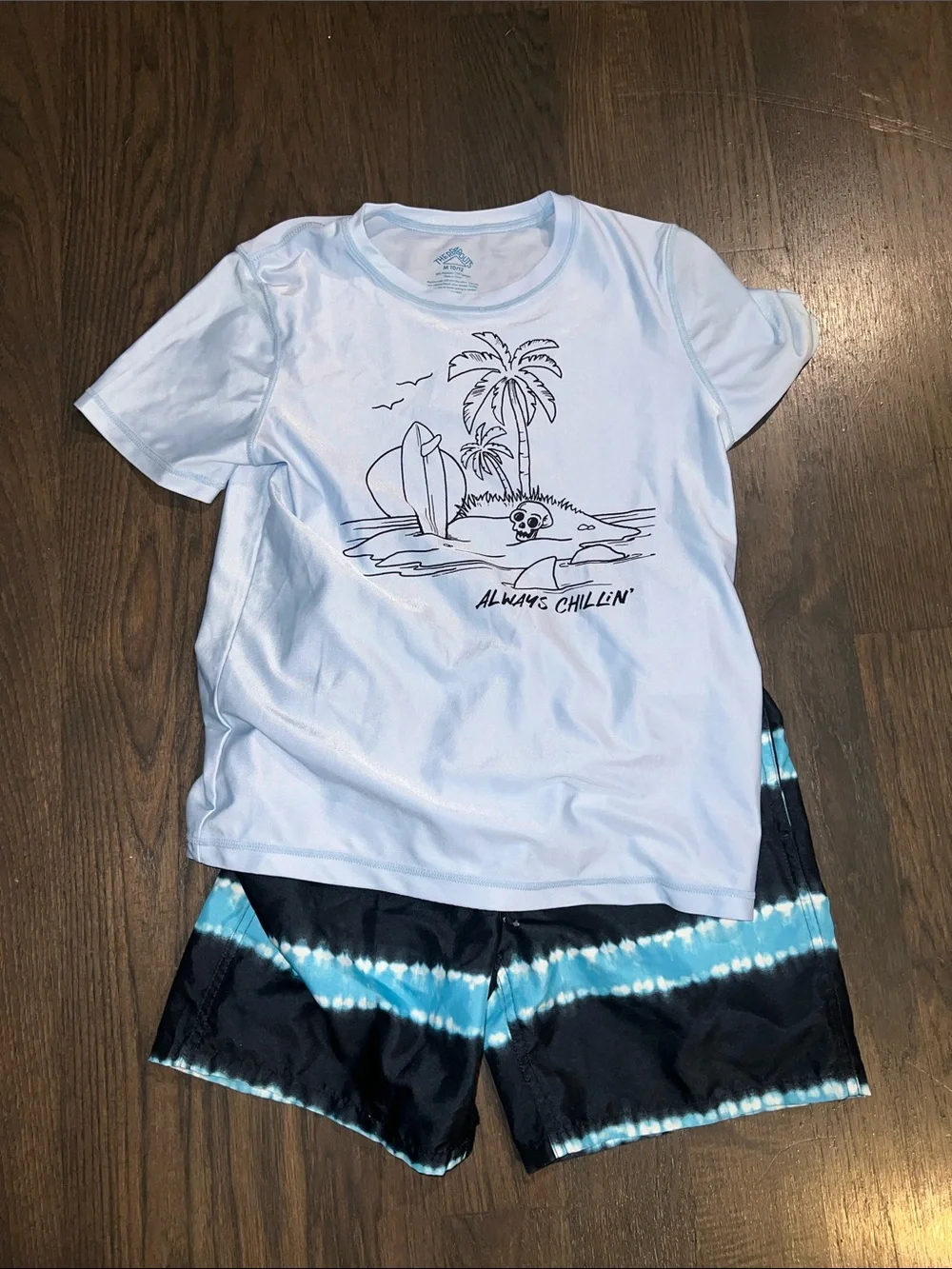 Boys 'Always Chillin' Graphic Rash Guard & Black Blue Tie-Dye Swim Shorts Set-M